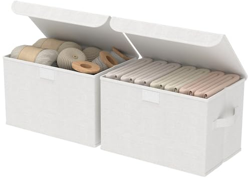 GUOHNHE Aufbewahrungsboxen mit Deckel gross, Weiß, 38x25x25 cm, 2 Stück | Faltbare Stoff-Ordnungsboxen, Aufbewahrungskorb mit Deckel für Kleidung, Schlafzimmer Kleideraufbewahrungs-Organizer