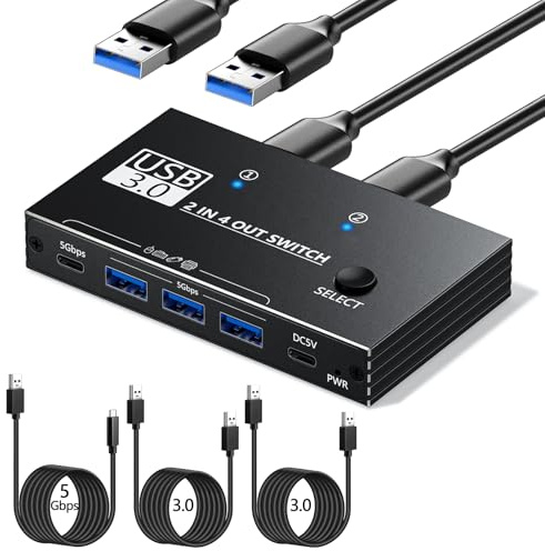 Switch USB 3.0 da 5 Gbps, 2 computer che condividono dispositivi USB C e A, commutatore USB 3.0 con guscio in alluminio con cavo di alimentazione USB-C e due cavi USB 3.0, hub switch a 4 porte per