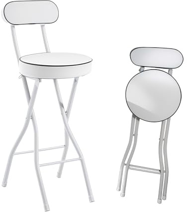 Sgabello da Bar Pieghevole, Sedia ad Altezza Banco con Sedile Imbottito, 55/60/65/70/75cm Sgabello Rotondi Portatile con Schienale, Sgabello Pieghevole per Adulti Isola Cucina Esterna(Bianco,70cm (28i