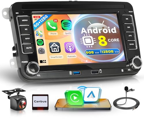 6G+128G 8-kärnig trådlös Carplay Android bilradio för VW Golf 5 6 Passat Polo Tiguan Touran Caddy Skoda Seat 7-tums bilradio Android Auto GPS Navigation WiFi Mirror Link Bluetooth FM/RDS/DSP Backkamer