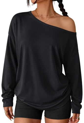 Trendy Queen Womens Off The Shoulder Oversized Tops Black 2XL | Long Sleeve Tshirts,Workout Gym Tops,Fall Outfits,Asymmetrical,Plus Size,Going Out Fashion Clothes,Sexy Blouse
