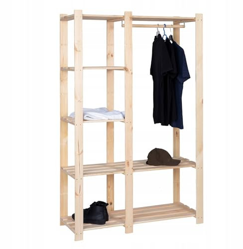 STOLMAK Garderobenständer 170x110x38 cm (HxBxT) Garderobenregal Holzregal Standregal Natur Lagerregal mit Kleiderstange Stehend Regal Schlafzimmer Wohnzimmer Kiefernholz Kleiderständer