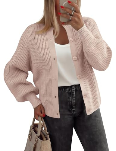 Zeagoo Cardigans for Women UK Long Sleeve Open Front Jumpers with Buttons Ladies Elegant Knitted Cardigan Crew Neck Oversized Cardigan Sweater Champagne S
