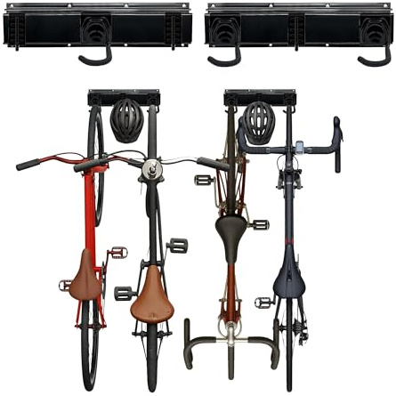 Support Mural pour vélos Relaxdays, 4 vélos et Casques, Vertical, Rails avec Crochets Ajustables, Noir