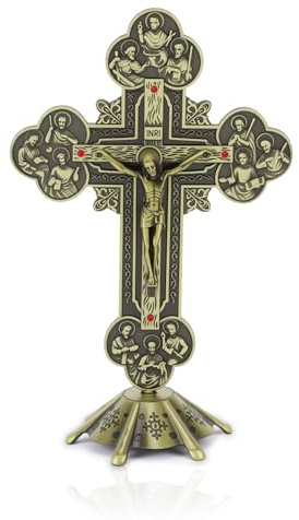 Gugxiom Jesus Korsstaty, bronsfärgad krucifix med robust bas, stående Jesus Kristus kors, metallbordsdekoration, för katolsk