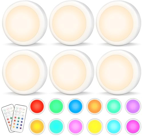 AUAUY 6 Stück Weiß RGB Schrankleuchten Unterbauleuchte | Batteriebetriebene Schrankleuchten Beleuchtung Dimmbar, LED Nachtlicht Schranklicht mit Fernbedienung für Küche Garderobe