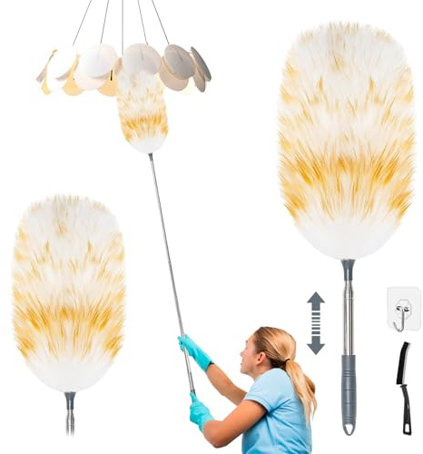 Lammwolle Staubwedel Teleskop Waschbar, Ausziehbar bis 130cm, Elektrostatische Staubaufnahme für Decken, Hohe Oberflächen, Empfindliche Oberflächen, Kratzfreies Entstauben mit Haken, Rissbürste