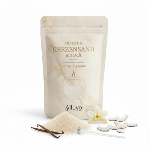 Alluvo Kerzensand Vanille Kokosnuss 450 g mit 8 Dochten pflanzenbasiert | Beiges Vanilla-Coconut-Duftwachsgranulat, rußarm und speziell geprüft für saubere Raumluft und individuelle Duftkerzen
