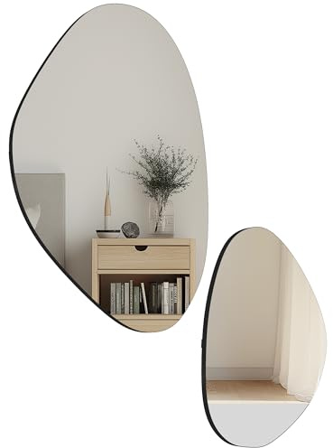 HOMCOM Lot de 2 miroirs muraux, miroirs décoratifs irréguliers en Forme de Galet avec Cadre en métal, pour Salon, entrée, Chambre, Couloir, Noir