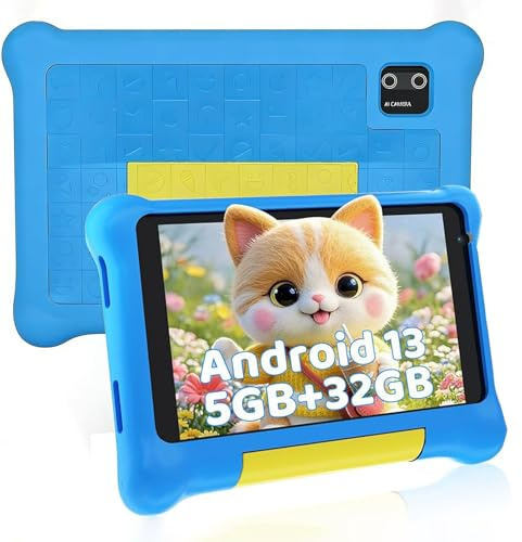 Vekoy Tablette Enfants 7 Pouces Android Tablette Éducative pour Enfant avec Écran HD 5 Go RAM + 32 Go ROM (TF 128 Go) Contrôle Parental WiFi, Bluetooth Cadeau Fille Garçon avec Étui Antichoc (Bleu)