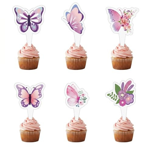 DiiWmme Tortendeko Geburtstag 24 Stück – 6 zauberhafte Designs aus stabiler Karte – Kuchen Deko für Mädchen Party, Cake Topper für Torte & Cupcake, ideal für Geburtstagsfeier (Rosa Schmetterling)