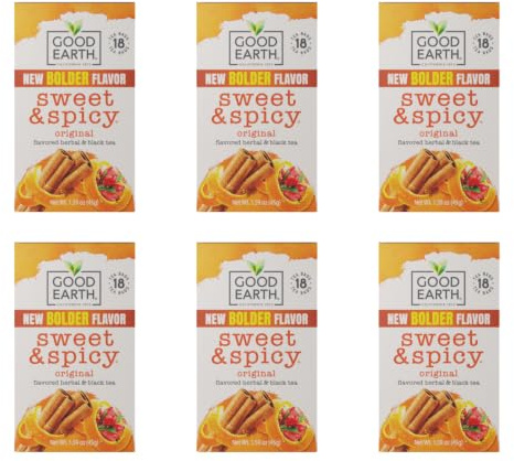 Good Earth Herbal & Black Tea, Sweet & Spicy, 18 Count Tea Bags (Pack of 6) (Packaging May Vary)