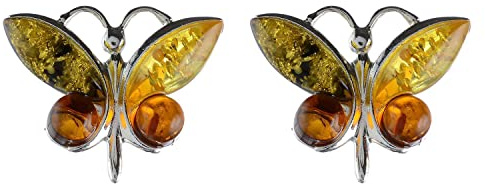 Dainty Amber Earrings - 925 Baltic Multicolored Amber Earrings for Women Butterfly - Sterling Silver Jewelry Collection