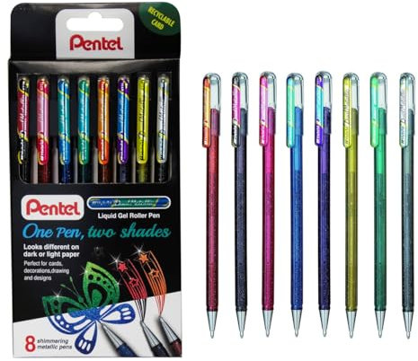 Hybrid Dual Metallic de Pentel - Caja de 8 Boligrafos Roller Gel de Colores brillantes para colorear y decorar con purpurina