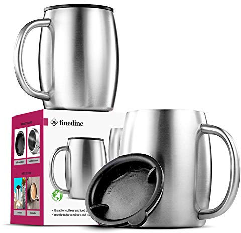 Insulated Stainless Steel Coffee Cups (Set Of 2) BPA-Free Spill Proof Lid- Double Wall Camping Travel Mugs With Handle- Tough & Shatterproof Coffee & Tea Mug, Takeaway Coffee Cup for Hot Drinks- 414ml