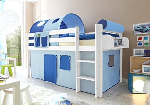 Hochbett Spielbett Malte Kiefer massiv Weiss, Vorhangstoff:Hellblau Dunkelblau