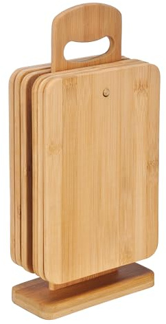6er-Set Frühstücksbrettchen mit Ständer aus Bambus Holz, 22x15x0,8cm | Ideal für Frühstück, Brotzeit und kleine Mahlzeiten- Holzbrettchen Set Brettchen Frühstücksbrett Holzbrett