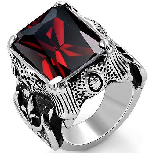 OIDEA Vintage Edelstahl Ringe, Ehering Nordischer Krieger Biker Rot Zirkon Herren Verlobungsring, Schwarz Silber - Ringgrößen 54 (17.2) bis 71 (22.6)