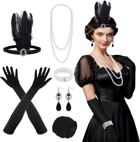 FEPITO Juego de 9 piezas de accesorios de la década de 1920, collar con diadema con aleta, pendientes, guantes negros largos, medias de red, accesorios Great Gatsby para mujer, juego C