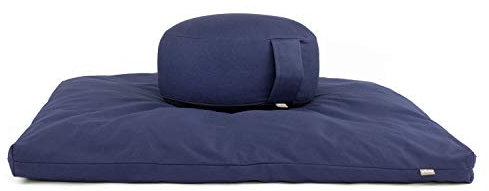 Bodhi Meditations-Set | ECO Serie | Meditationsmatte (Zabuton) & Rondo Meditationskissen | Mit Bio-Dinkelfüllung | Bezug aus 100% Bio-Baumwolle | Meditationsunterlage & Kissen (dunkelblau)
