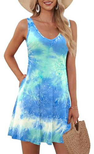 AUSELILY Vestido de Verano para Mujer Vestido de Playa sin Mangas | Vestido sin mangas con bolsillos Vestido básico con cuello en V Minivestido Por encima de la rodilla