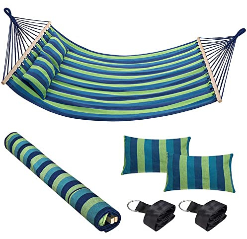 Bakaji Amaca da Giardino Doppia 2 Posti 232 x 148 cm Barre Trasversali in Legno Rivestimento in Poli Cotone con 2 Cuscini e Cinghie Design Moderno Per Giardino Terrazzo Campeggio (Righe Blu)