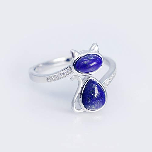 XJruixi MloveAcc Solide 925 Argent Sterling Chat Ouvert Anneaux pour Femmes Dame Cadeau en Argent Sterling Lapis Lazuli Pierre Anneau Bijoux de Mode