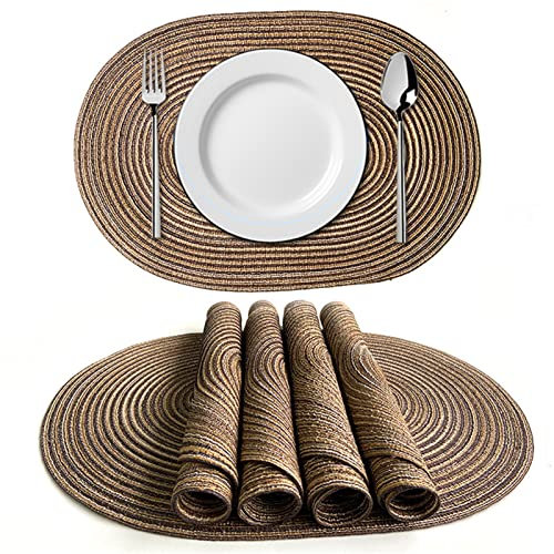 Tischset Oval, 6er-Set Tischmatte, abwaschbares Platzset mit geflochtener Optik, Wärmeisolierung, rutschfeste Platzdecke Tischdekoration (Braun)