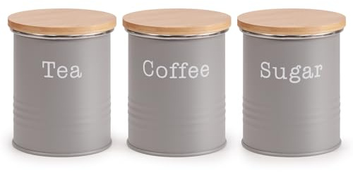 EHC Tea Sugar Coffee Canisters, Set of 3 Tea Sugar Coffee Containers Set, Storage Jars With lids Airtight, Grey