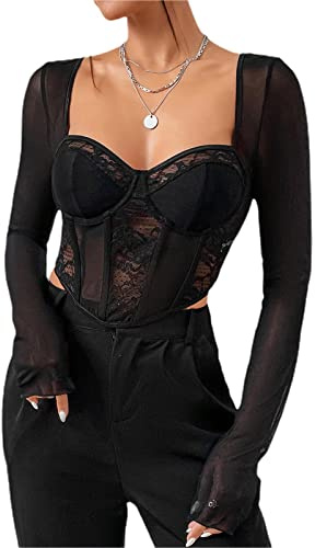 Geagodelia Crop-Top Dentelle Femme à Manches Longues Sexy Chic Haut Bustier Court Slim Tendance (Noir, L)