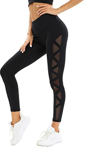 Dmwhsy Leggings Sportivi Donna a Vita Alta Contenitivi Pantaloni Yoga con Inserti in Rete Laterali Pantaloni Fitness per Palestra Corsa e Allenamento