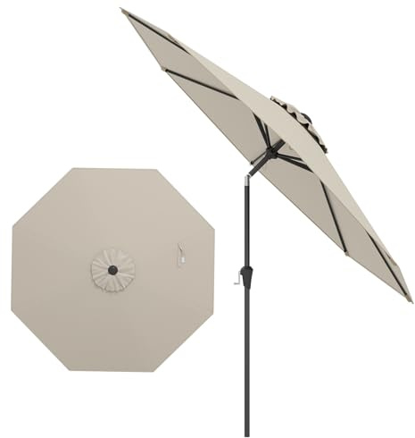 GYMAX Ombrellone da Giardino, Ø 2,7 m, Inclinazione 35°, con Manovella e 8 Stecche Resistenti, Foro di Ventilazione, Parasole in Metallo, per Patio, Piscina, Mercato (BEIGE)