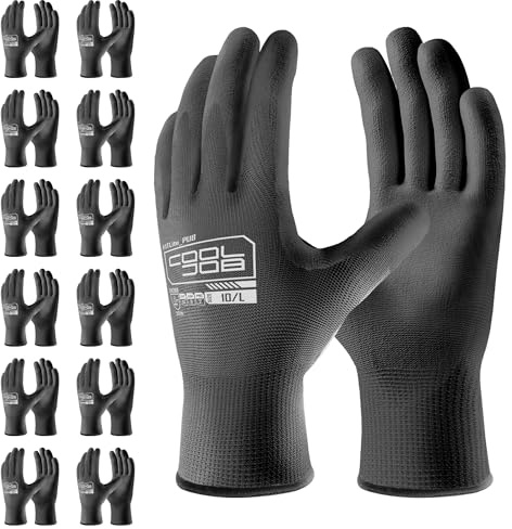 COOLJOB 12 Paar Arbeitshandschuhe EN 388 Größe 9/L - Leichte & Atmungsaktive PU-Handschuhe für Industrie, Bau & Handwerk (Rutschfest, Ölfester) - Gartenhandschuhe Herren & Damen, Schwarz