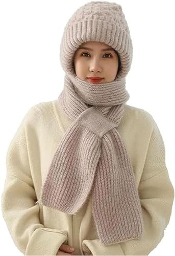 CHENRI Damen Verdickter Warmer Einteiliger Hutschal, 2 in 1 Winterschal Mütze, Integrierter Gehörschutz Winddichte Mütze Schal, Winter Warm Strickmütze, Kapuzenschal für Frauen