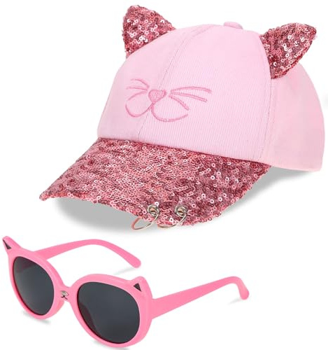 Hifot Cappello da Baseball per Bambina, Occhiali da Sole Protezione UV Regolabile Cappellino con Visiera Paillettes Berretto Bambino Estivo