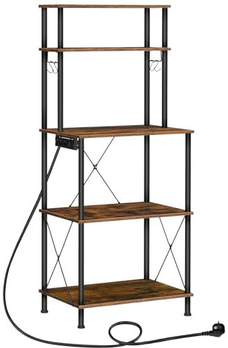 HOOBRO Küchenregal mit Steckdosenleiste, 5-stufiges Standregal für Küche, Mikrowellenständer mit Haken, 40 x 60 x 154 cm, Vintagebraun und Schwarz EBF80CHB01
