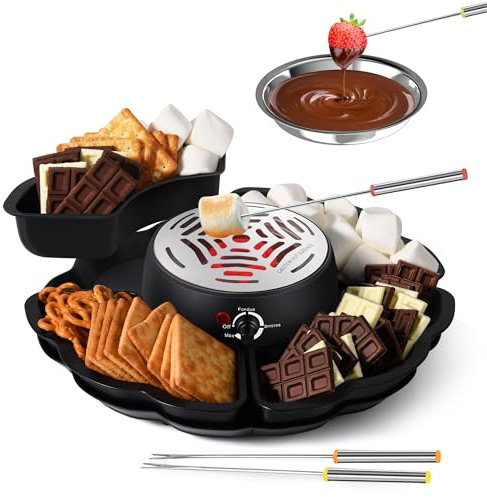 Juego 2 en 1 Smores Maker & Fondue Set de mesa para interiores Smores Kit, tostador de malvavisco con control de temperatura, 4 bandejas desmontables y 4 tenedores de asado y 1 tazón calentado,