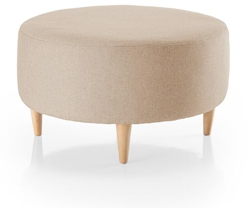 Deshome Fußhocker rund 80 cm wasserabweisender Stoff: Sitzsack Sofa Wohnzimmer Pouf Schlafzimmer, Fußhocker für Sofa Sitzhocker Wohnzimmer Gea Beige, Fuß Naturholz