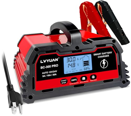 LVYUAN Caricabatterie intelligente per auto da 30 Amp, caricabatterie per auto da 12 V/24 V, batteria al piombo LiFePO4 con display LCD, caricabatterie per tosaerba, moto, AGM, STD, Gel, EFB, ecc
