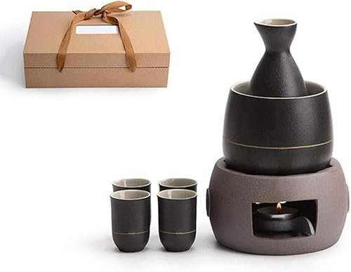 TLTDSMYF Set per sakè con scaldavivande, Set Tradizionale per sakè Caldo in Ceramica da 7 Pezzi, tra Cui 1 fornello a Candela, 1 Tazza riscaldante, 1 pentola per sakè e 4 Tazze per sakè, 7 Pezzi