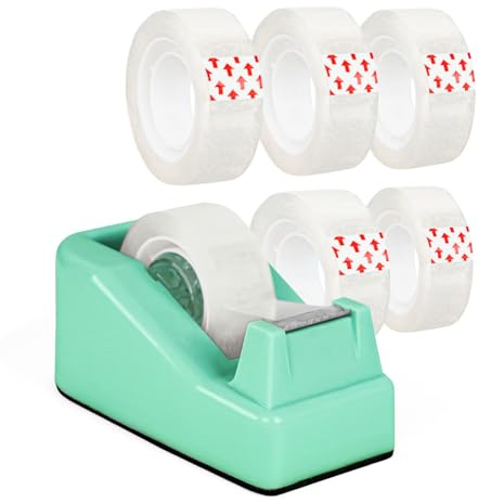 Desktop Tape Dispenser Green with Weighted Nonskid Base - Includes 6 Rolls of Transparent Tape (0.71 Inch x 1000 inches Each)