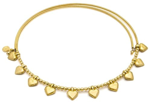 Vestopazzo Bigiotteria Collezione Donna, Collana Girocollo Rigida Aperta Regolabile, Cuori Pendenti Ottone Dorato non Trattato Lucidato a Mano, Nickel tested.