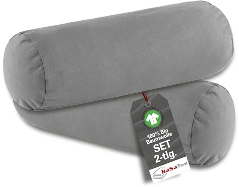 BaSaTex Bio Kissenbezug Nackenrolle, 2er Pack, 40x15 cm, Anthrazit | 97% Baumwolle, GOTS-Zertifiziert, 3% Elasthan, BIO Bezüge für Nackenrollen 40x15 cm