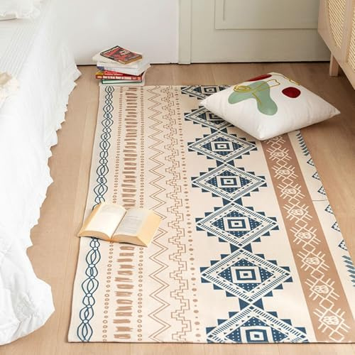 Homxi Außenteppich Terrasse Rechteckig 85 x 160 cm, Bettvorleger Schlafzimmer Leinen Baumwolle, Geometrisch Muster, Teppich Khaki Blau Kinderzimmer