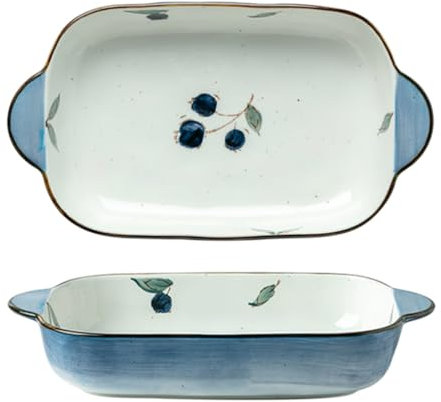 Dxcaicc Plat À Lasagnes en Céramique 2 Pièces Rétro À Double Poignée À Pois Ovale Bord Doré Peint À La Main Dégradé De Couleur Motif Végétal Unique Plaque De Cuisson,Blueberry,Large
