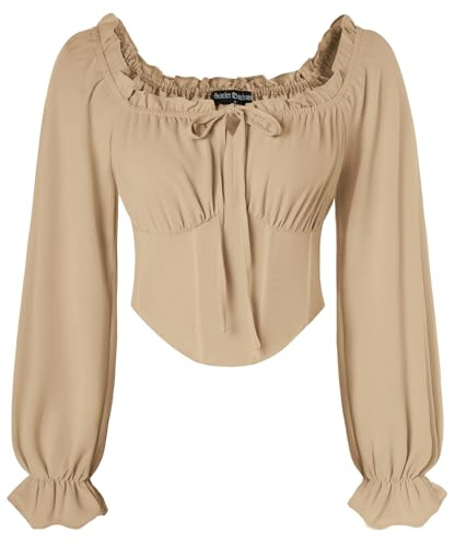 SCARLET DARKNESS Women's Khaki Corset Top Long Lantern Sleeve Blouse Smocked Waist Shirts Square Collar Medieval Crop Top S