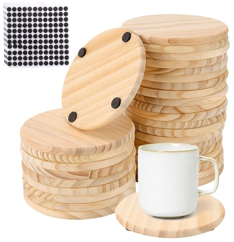 SYUTBOU 30 Stück Rund Holz Untersetzer, 10 x 10 x 0,8cm Holzuntersetzer Naturholz mit rutschfeste Pads, Glasuntersetzer Holz für Gläser, Tassen
