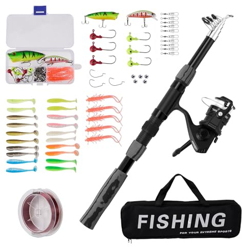 2.1M Fishing Telescopic Rod and Reel Combos,Portable Fishing Pole Kit with Fishings Line, Fishing Lures Kit & Accessories and Carrier Bag for Travel Surf Saltwater Freshwater