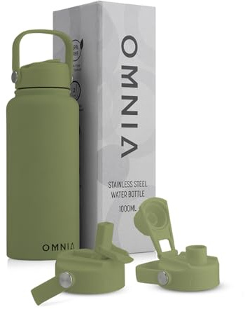 OMNIA Vacuum Insulated Stainless Steel Water Bottle, 2 Lids (Straw & Spout) Leakproof, BPA-Free, Reusable Flask for Sports, Gym, Travel, Outdoors (Olive Green, 1000ML)