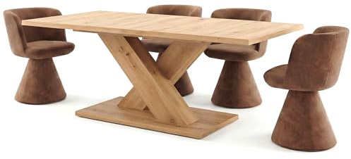 Newroom Esstisch ausziehbar Wildeiche modern Esszimmertisch Küche | X-Gestell in Holzoptik, für 4-6 Personen, Küchentisch, Speisetisch, skandinavisches Naturholz Design, für Familien